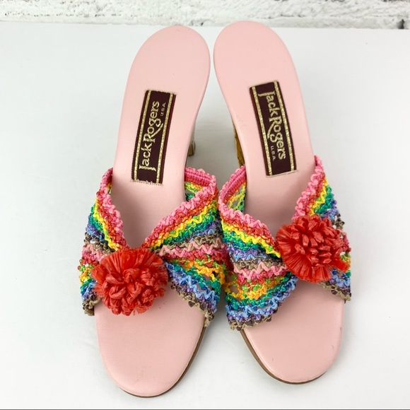 Jack Rogers Vintage Heels Raffia Rainbow Cork Wedge 70s 6.5 - Picture 3 of 12